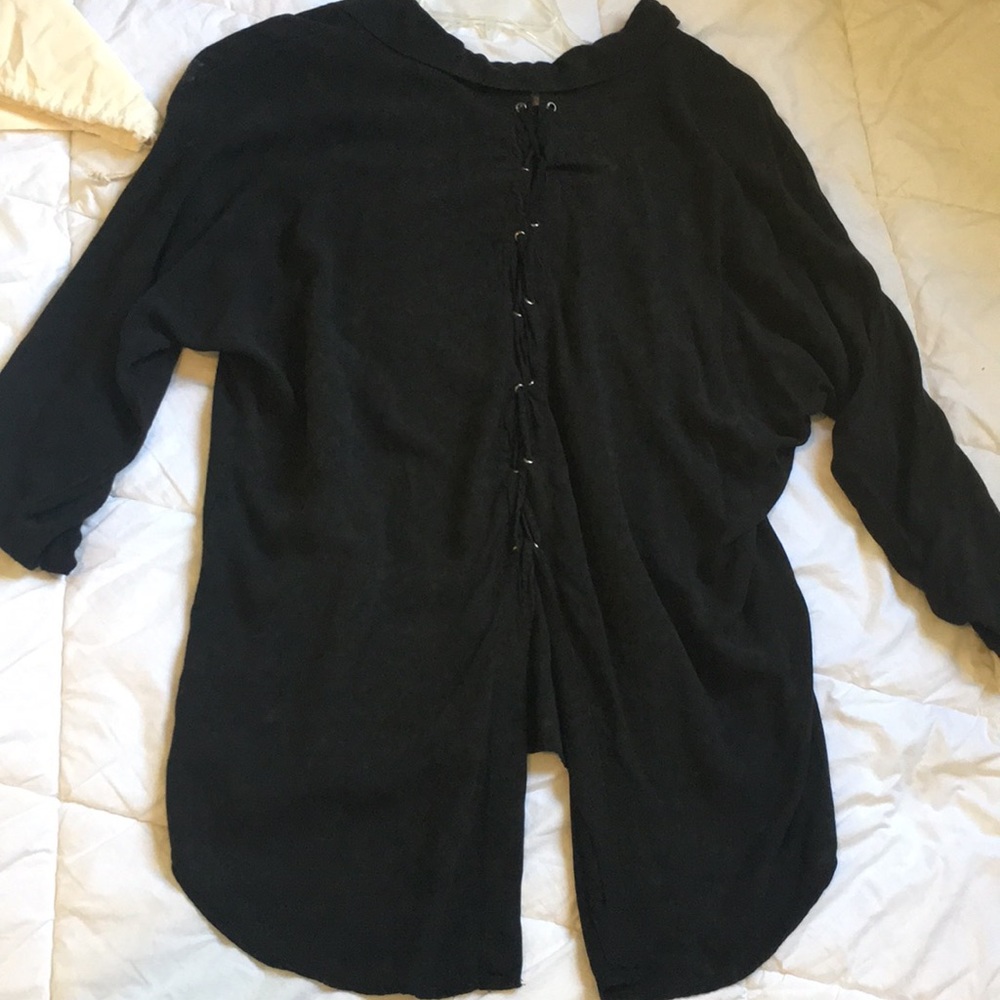 En Creme Black Lace Up Shirt